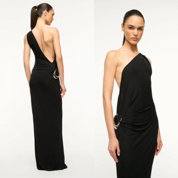 Staud | NWT Zenith Dress in Black Jersey One Shoulder Maxi Silver Buckle XS - Picture 16 of 16
